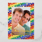 LGBTQゲイレインボーフラッグスターメリークリスマスフォト 箔シーズンカード (正面)