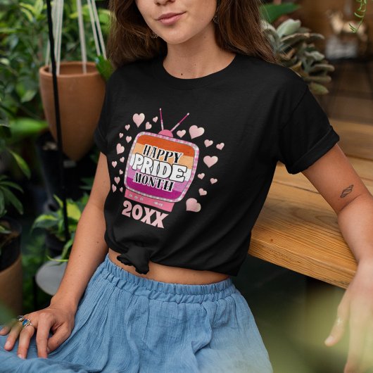 LGBTQハッピープライド月、レズビアン国旗のあるテレビ Tシャツ