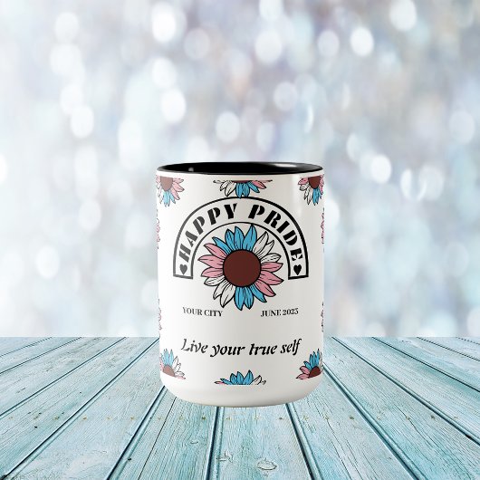 LGBTQハッピープライド:トランスジェンダー色のひまわり ツートーンマグカップ
