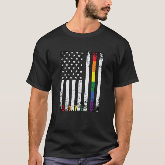 LGBTQプライド月アメリカの虹の旗の愛 Tシャツ (正面)