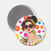 LGBTQレインボーバンダナの女性とコーヒー マグネット (正面/裏面)