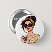 LGBTQレインボーバンダナの女性とコーヒー 缶バッジ (正面&裏面)