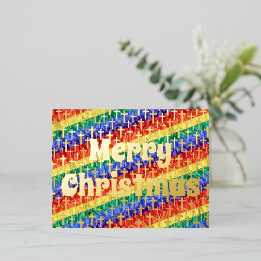 LGBTQレインボーフラッグイエズクロスメリークリスマス 箔シーズンポストカード (立ち正面)