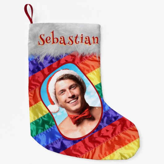 LGBTQレインボー国旗ゲイプライド国旗の写真名同性愛者 スモールクリスマスストッキング (正面)