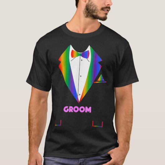 LGBTQ新郎Tuxedoレインボーゲイプライドレズ結婚ビア Tシャツ (正面)
