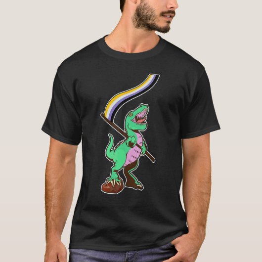 Lgbtq非バイナリプライドフラグLgbtqia+恐竜ノン Tシャツ (正面)