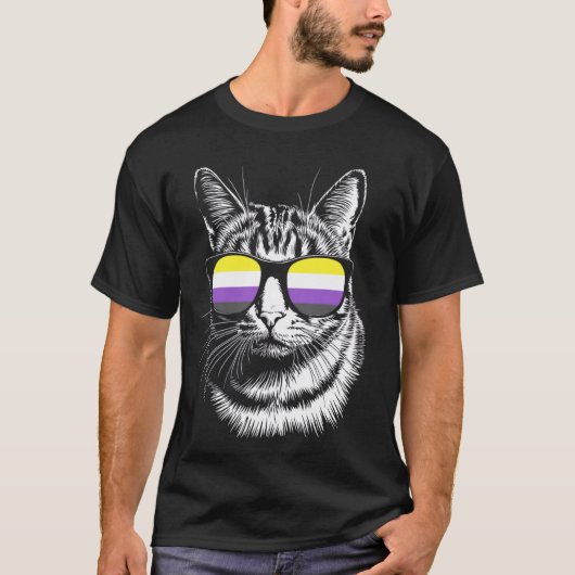 LGBTQ+ プライド月間 ケアラー ノンバイナリー サングラス猫 Tシャツ (正面)
