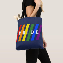 LGBTQ プライド 斜めの虹色ストライプ ネイビーブルー トートバッグ