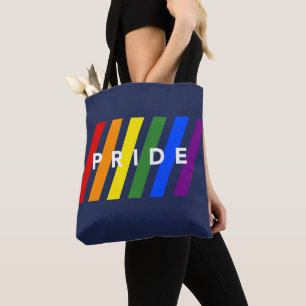 LGBTQ プライド 斜めの虹色ストライプ ネイビーブルー トートバッグ