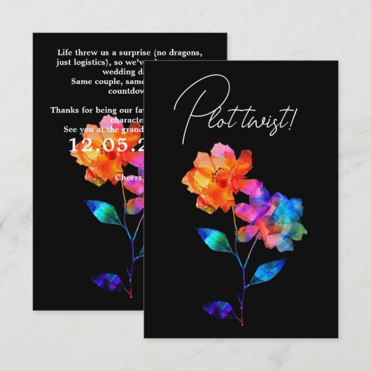 LGBTQ ユーモアあふれる 結婚式の日程変更 Petals & Pride エンクロージャーカード (正面/裏面)