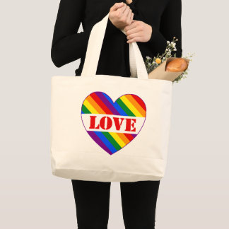 LGBTQ+レインボーフラッグプライド月のラブハート- ラージトートバッグ