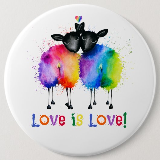 LGBTQ 二頭の虹色の羊 Love Is Love 缶バッジ (正面)