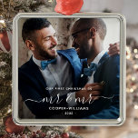 LGBTQ Keepsake氏とLGBTQ Keepsake氏の初めてのクリスマス メタルオーナメント<br><div class="desc">この美しい記念初めてのクリスマスで結婚のモダンオーナメントを祝う。白い読文字「Mr & Mrとしての初めてのクリスマス」と、前後に華やかに書かれた手書き台本にエレガント「Mr & Mr.」という言葉がある。サンプル画像を写真に置き換お気に入りのえ、姓と年を追加する。暗いグラデーションフ救済ィルタが文字をポップ・アートの作る。</div>