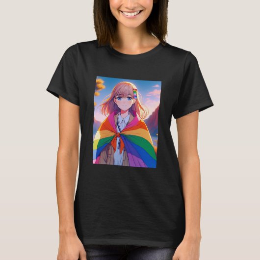 LGBTQIA+のケープを羽織ったアニメ少女 Tシャツ (正面)