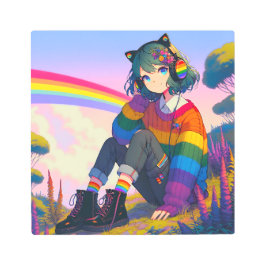 LGBTQIA+アニメガールレズビアンプライド メタルプリント