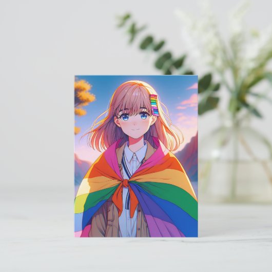 LGBTQIA+ケープのアニメガール ポストカード (スタンド正面)