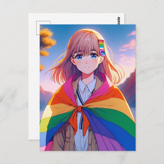 LGBTQIA+ケープのアニメガール ポストカード (正面/裏面)