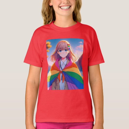 LGBTQIA+ケープのアニメガール Tシャツ (正面)