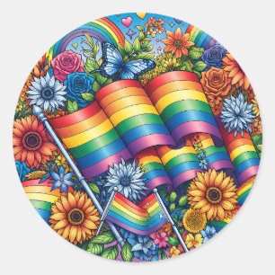 LGBTQIA+プライドフラグ、虹、花 ラウンドシール