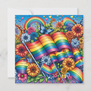 LGBTQIA+プライドフラグ、虹、花 招待状