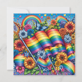 LGBTQIA+プライドフラグ、虹、花 招待状