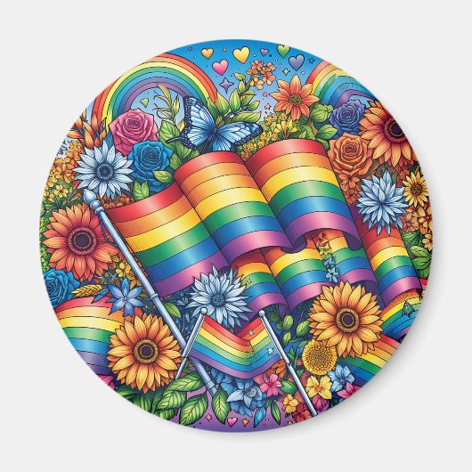 LGBTQIA+ プライドフラッグ 虹 花 マグネット (正面)
