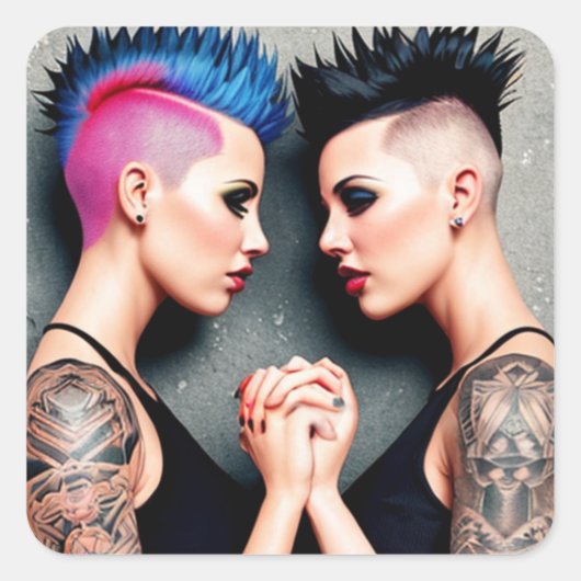 LGBTQIA+プライドレズビアンが手を握る スクエアシール (正面)