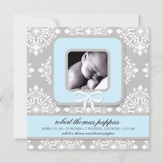 LGC |の灰色及び青のダマスク織の男の子の発表 案内状 (正面)