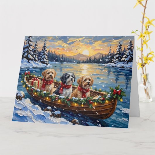 Lhasa Apso Christmas Boat Holiday カード (黄色い花)