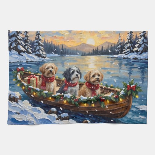 Lhasa Apso Christmas Boat Holiday キッチンタオル (横)