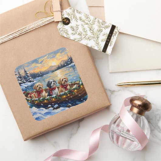 Lhasa Apso Christmas Boat Holiday スクエアシール (ギフト)