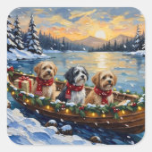 Lhasa Apso Christmas Boat Holiday スクエアシール (正面)