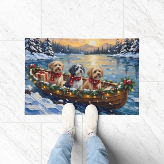 Lhasa Apso Christmas Boat Holiday ドアマット (室内)