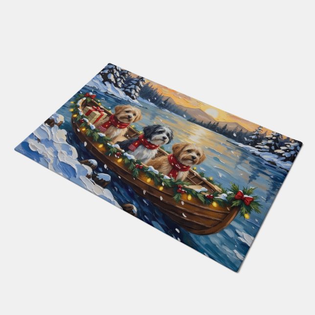 Lhasa Apso Christmas Boat Holiday ドアマット (アングル)