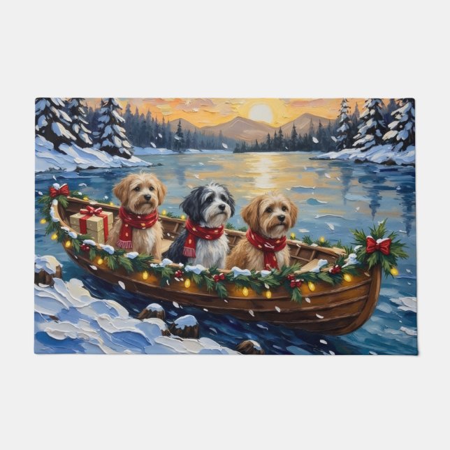 Lhasa Apso Christmas Boat Holiday ドアマット (正面)