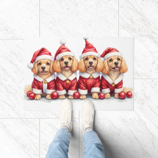 Lhasa Apso Christmas Dress Santa Hat ドアマット (室内)