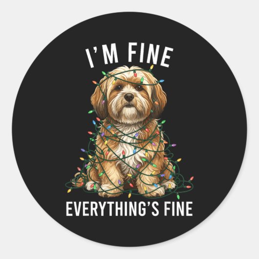 Lhasa Apso Christmas I'm Fine Everything Is Fine  ラウンドシール (正面)