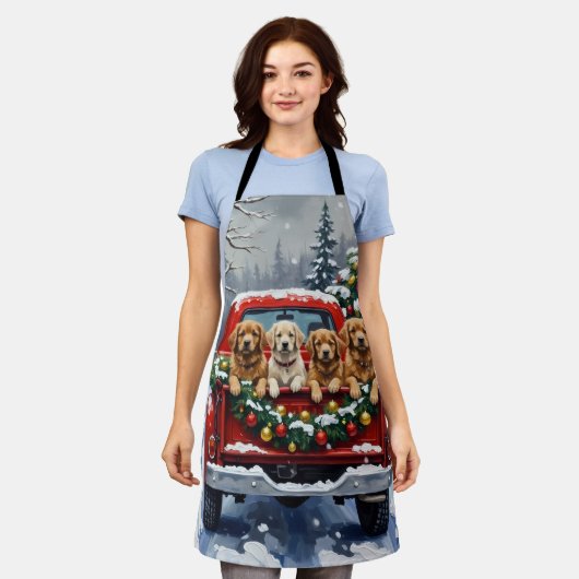 Lhasa Apso Christmas Red Truck Holiday エプロン (着用した状態)