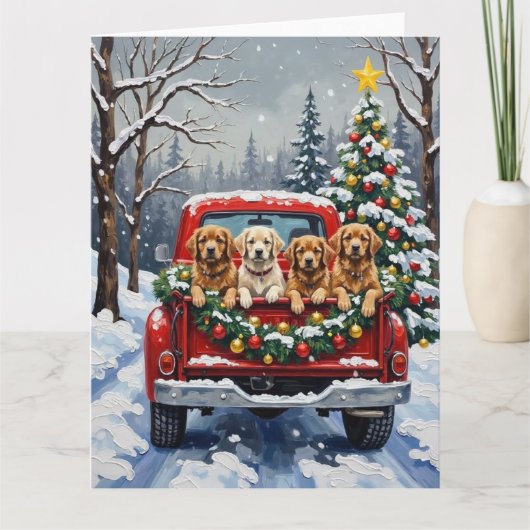 Lhasa Apso Christmas Red Truck Holiday カード (正面)