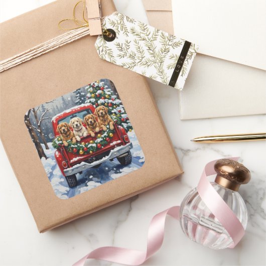 Lhasa Apso Christmas Red Truck Holiday スクエアシール (ギフト)