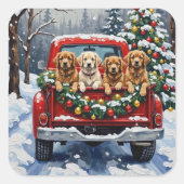 Lhasa Apso Christmas Red Truck Holiday スクエアシール (正面)