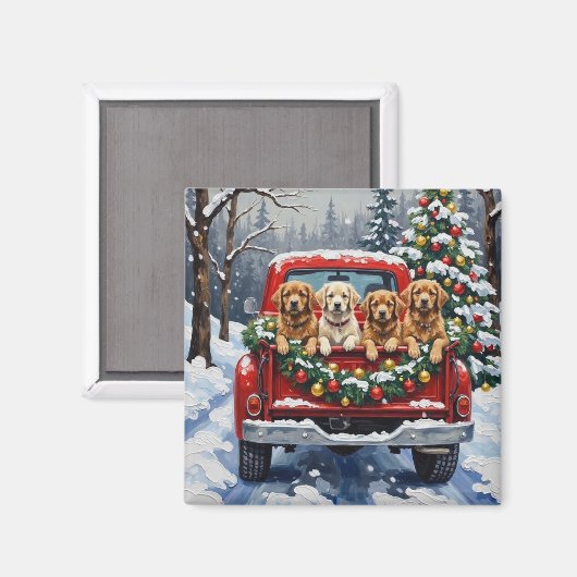 Lhasa Apso Christmas Red Truck Holiday マグネット (正面/裏面)