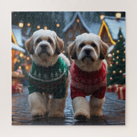 Lhasa Apso Dogs Christmas Snow Holiday ジグソーパズル (縦)