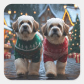 Lhasa Apso Dogs Christmas Snow Holiday スクエアシール (正面)