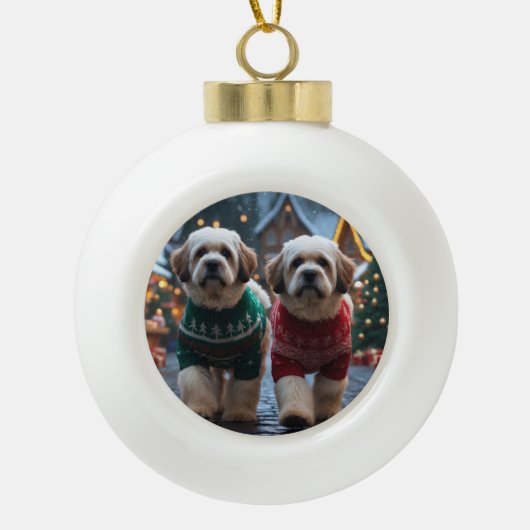Lhasa Apso Dogs Christmas Snow Holiday セラミックボールオーナメント (正面)