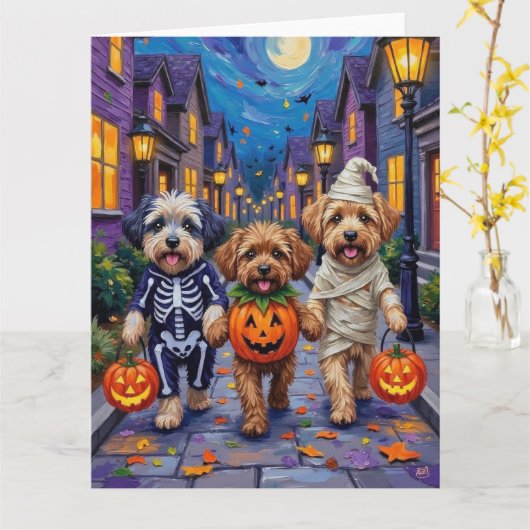 Lhasa Apso Trick-or-Treating In Halloween Costumes カード (黄色い花)