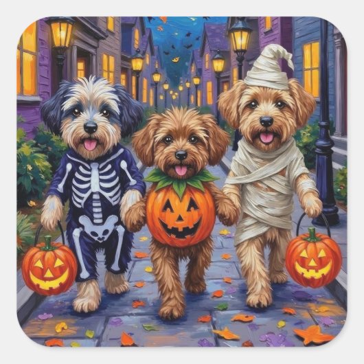 Lhasa Apso Trick-or-Treating In Halloween Costumes スクエアシール (正面)