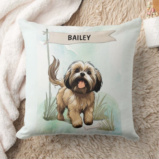 Lhasa Apso Watercolor Personalized Dog クッション (ブランケット)