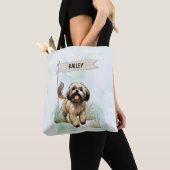 Lhasa Apso Watercolor Personalized Dog トートバッグ (クローズアップ)