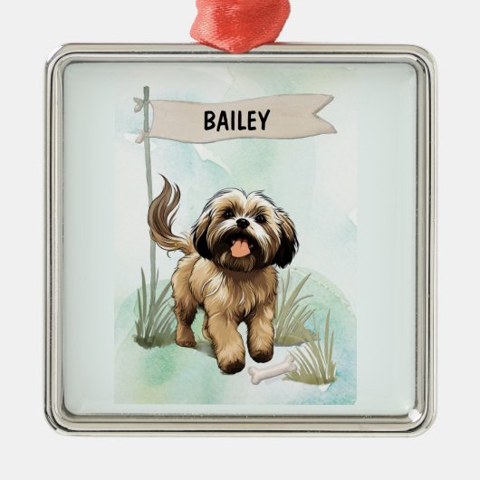 Lhasa Apso Watercolor Personalized Dog メタルオーナメント (正面)
